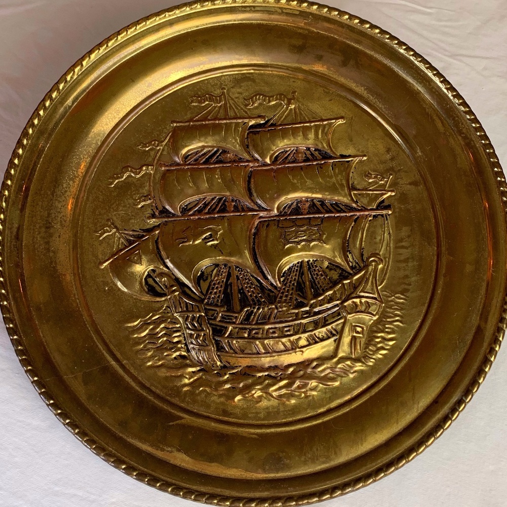 Vintage Brass 16" Wall Plate Plaque Galleon Boat Sailing Ship~Made in England